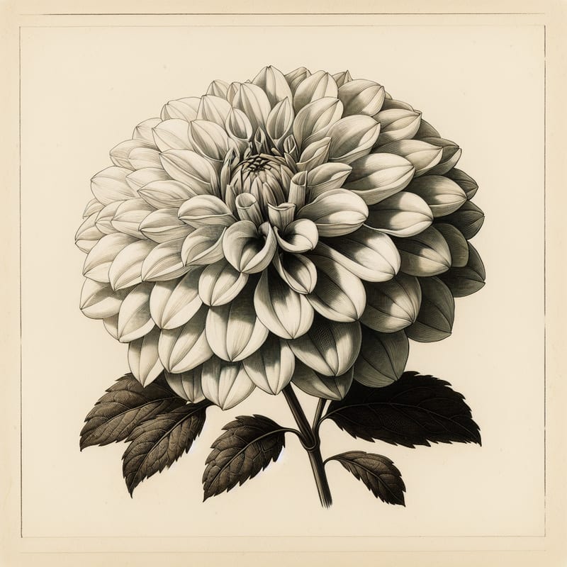 Botanical plate illustration of Karma Thalia dahlia, White Informal Decorative