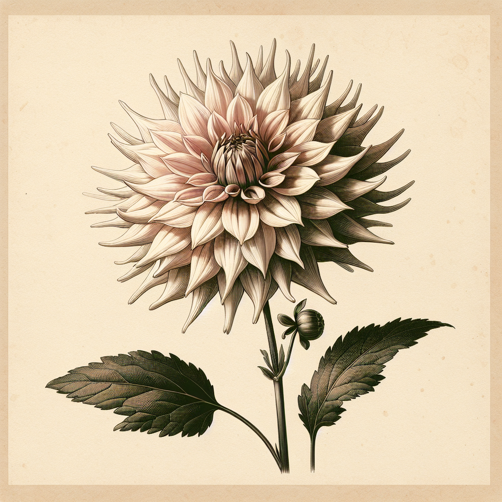 Botanical plate illustration of KAs Champagne dahlia, Pink Formal Decorative