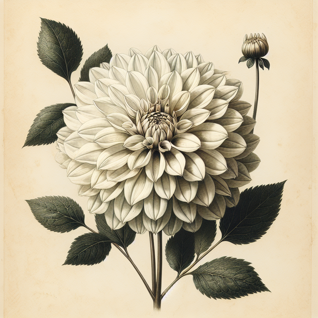 Botanical plate illustration of KA's Cloud dahlia, White Formal Decorative