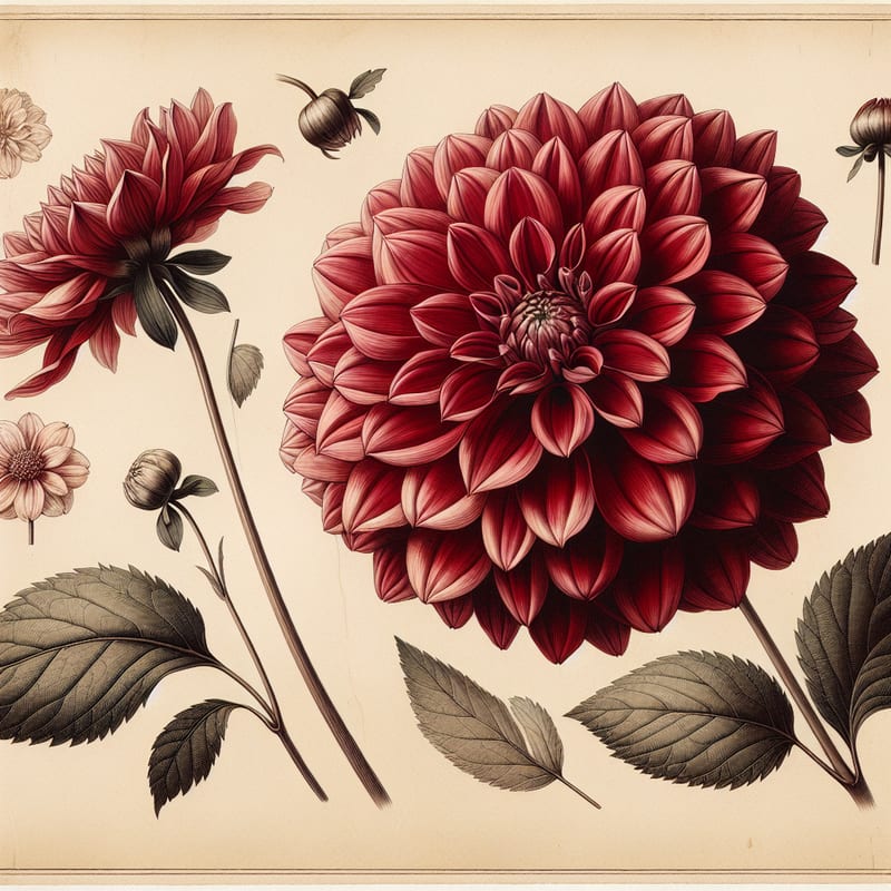Botanical plate illustration of KA's Khristina dahlia, Red Informal Decorative