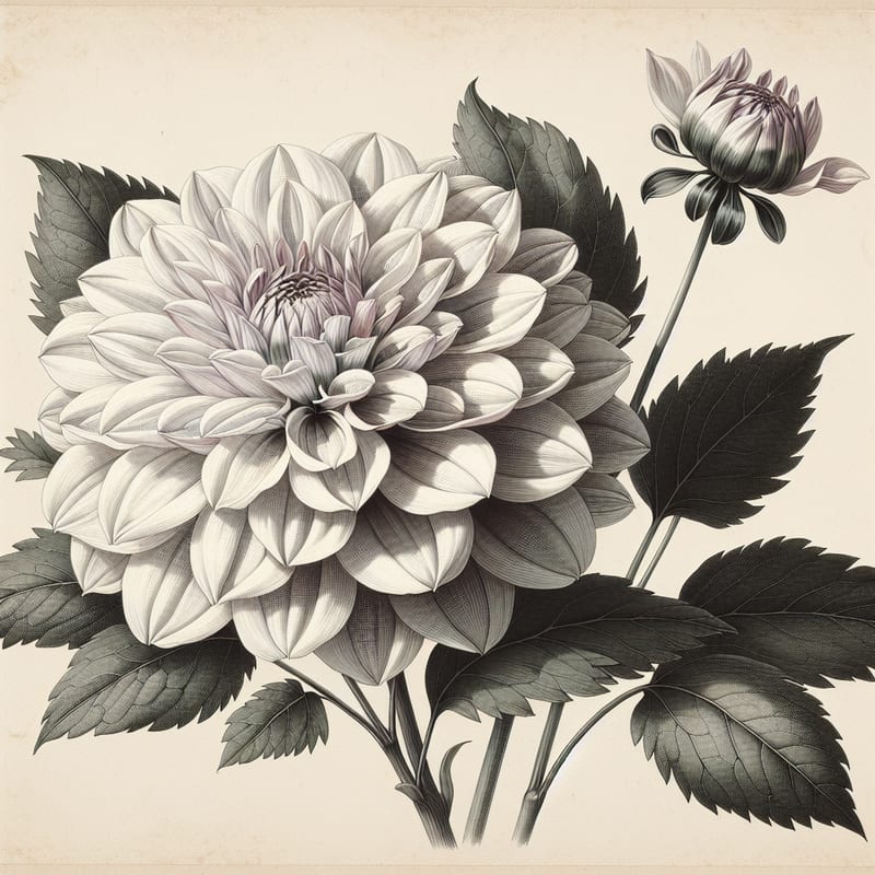 Botanical plate illustration of Ka's Lavender Blush dahlia, White Informal Decorative