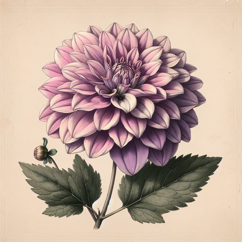 Botanical plate illustration of KA's Moondust dahlia, Lavender Informal Decorative