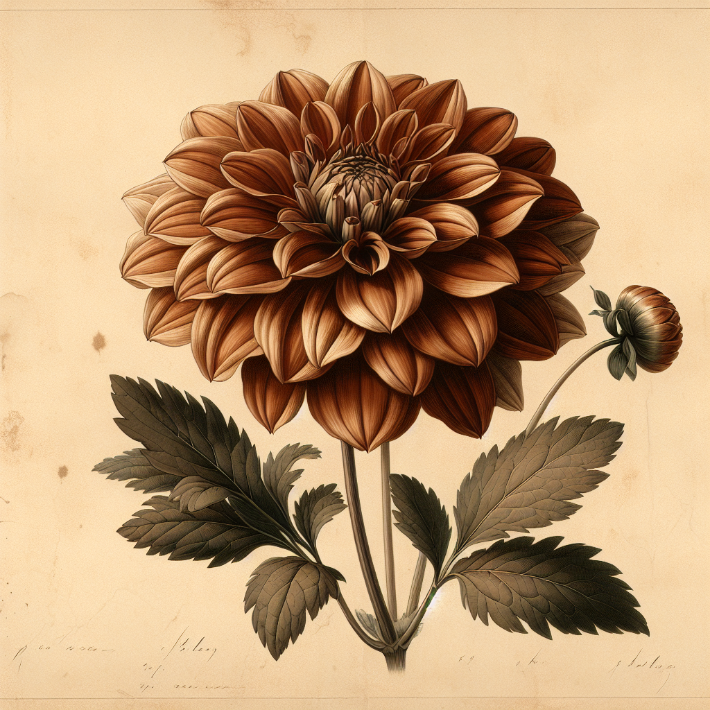 Botanical plate illustration of Katherin Whitmore dahlia, Bronze Informal Decorative