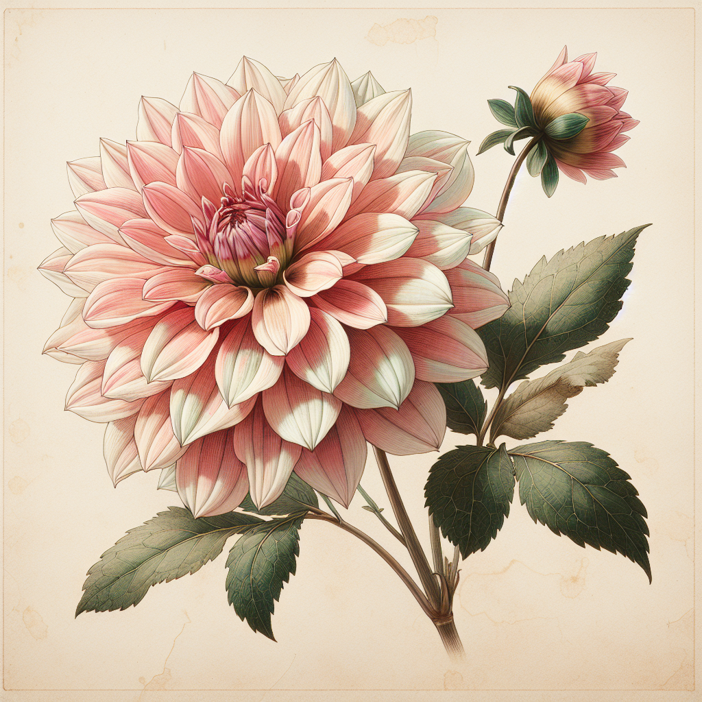 Botanical plate illustration of Kelgai Ann dahlia, Light Blend Straight Cactus