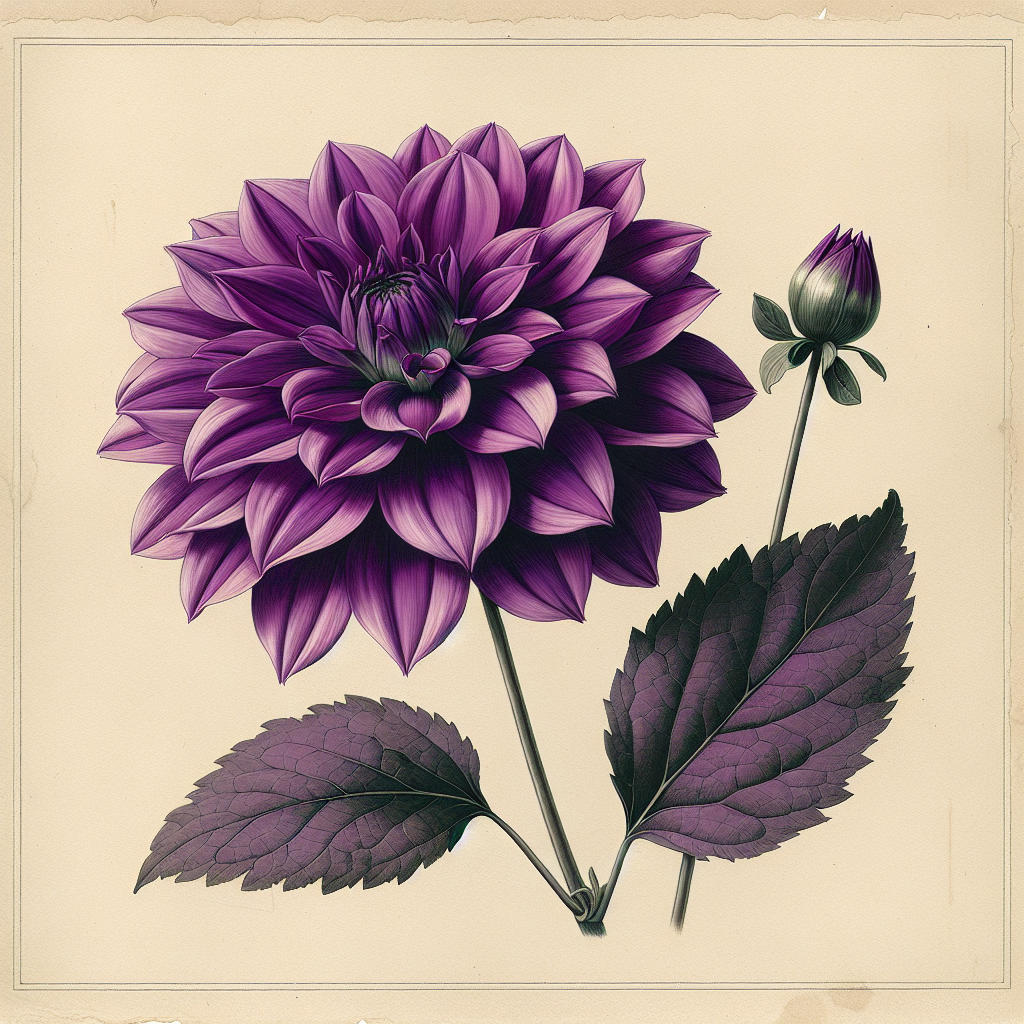 Botanical plate illustration of Kelgai Lisa dahlia, Purple Semi-Cactus