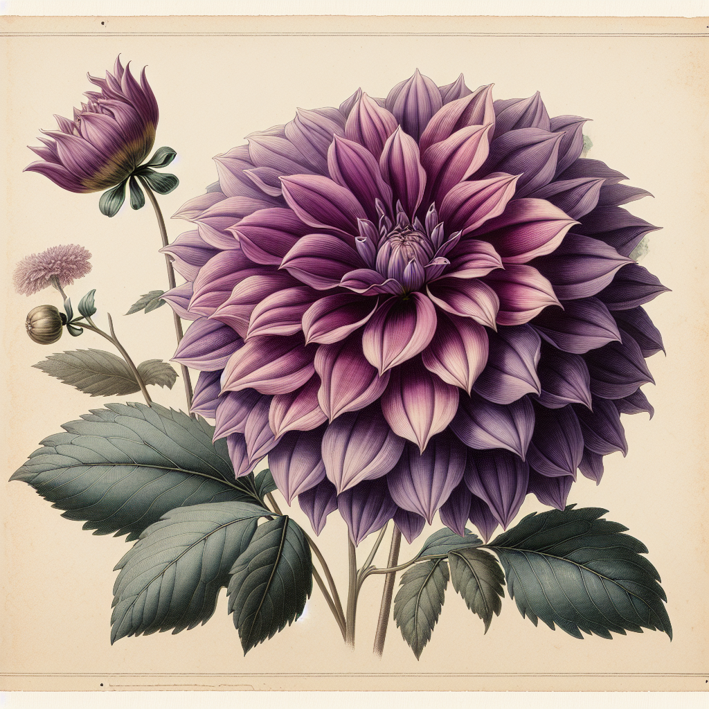 Botanical plate illustration of Kelsey Amethyst dahlia, Purple 
