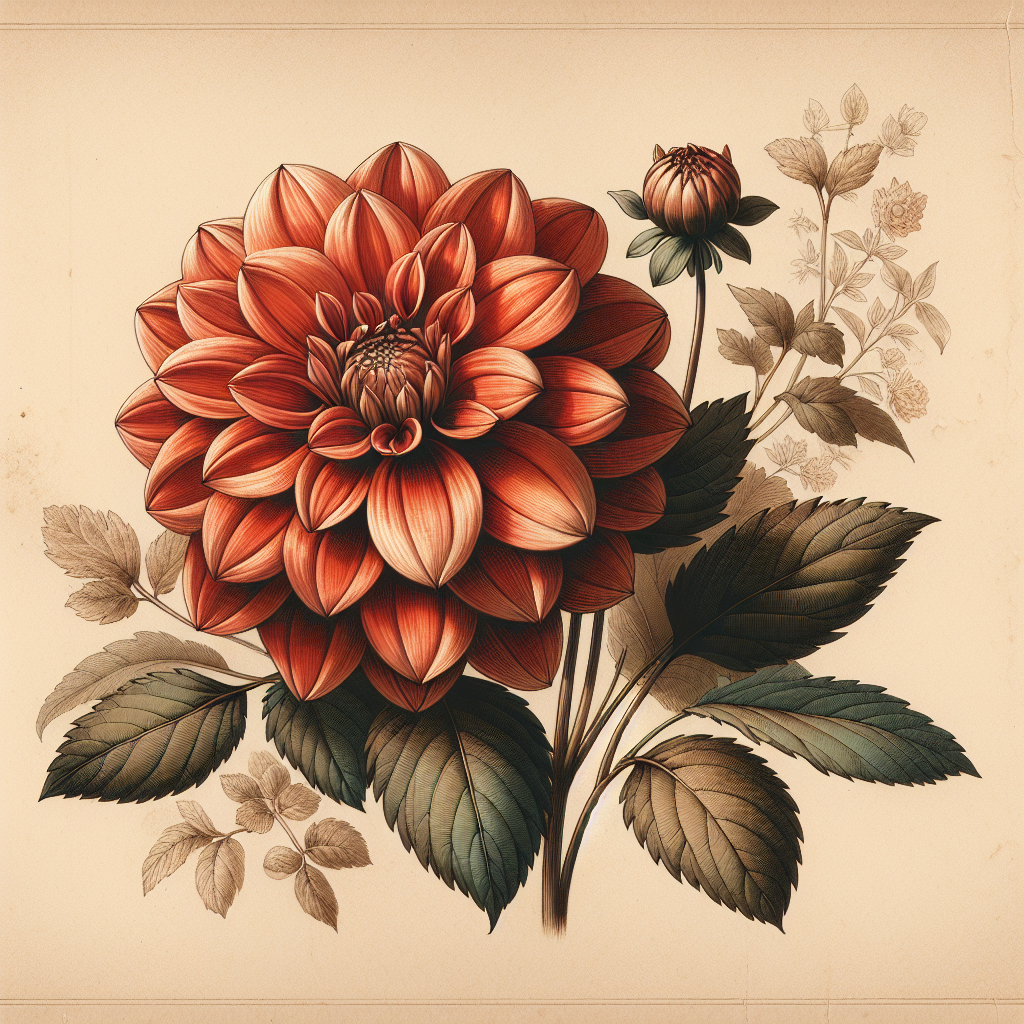 Botanical plate illustration of Kelsey Annie Joy dahlia, Orange Collarette