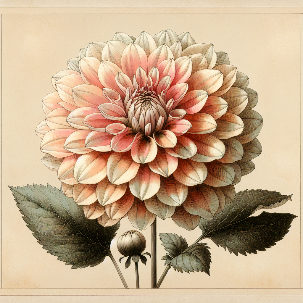 Botanical plate illustration of Kelsey Aria dahlia, Light Blend Formal Decorative
