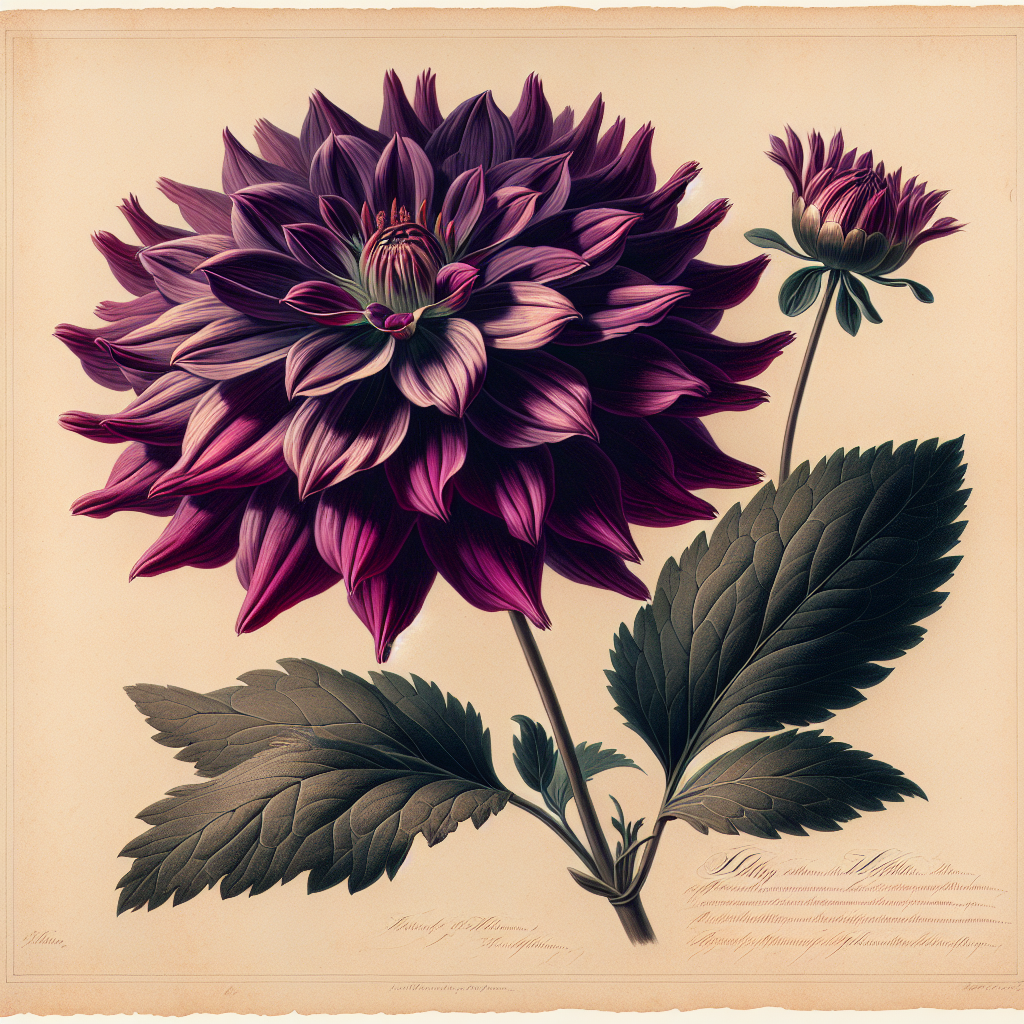 Botanical plate illustration of Kelsey Betelgeuse dahlia, Purple Semi-Cactus
