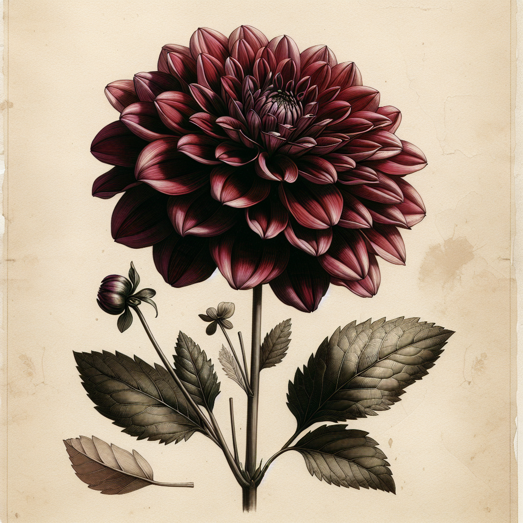 Botanical plate illustration of Kelsey Bev dahlia, Dark Red Informal Decorative