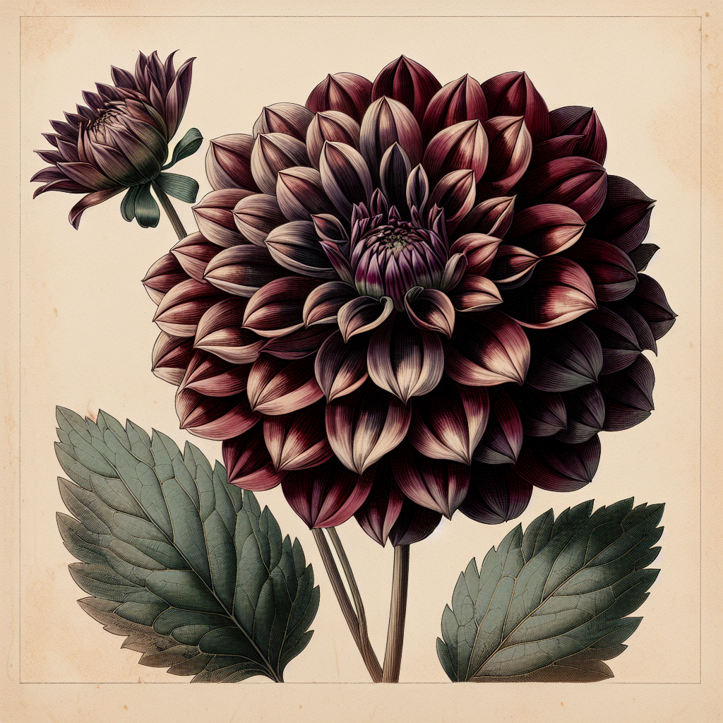 Botanical plate illustration of Kelsey Bob dahlia, Dark Blend 
