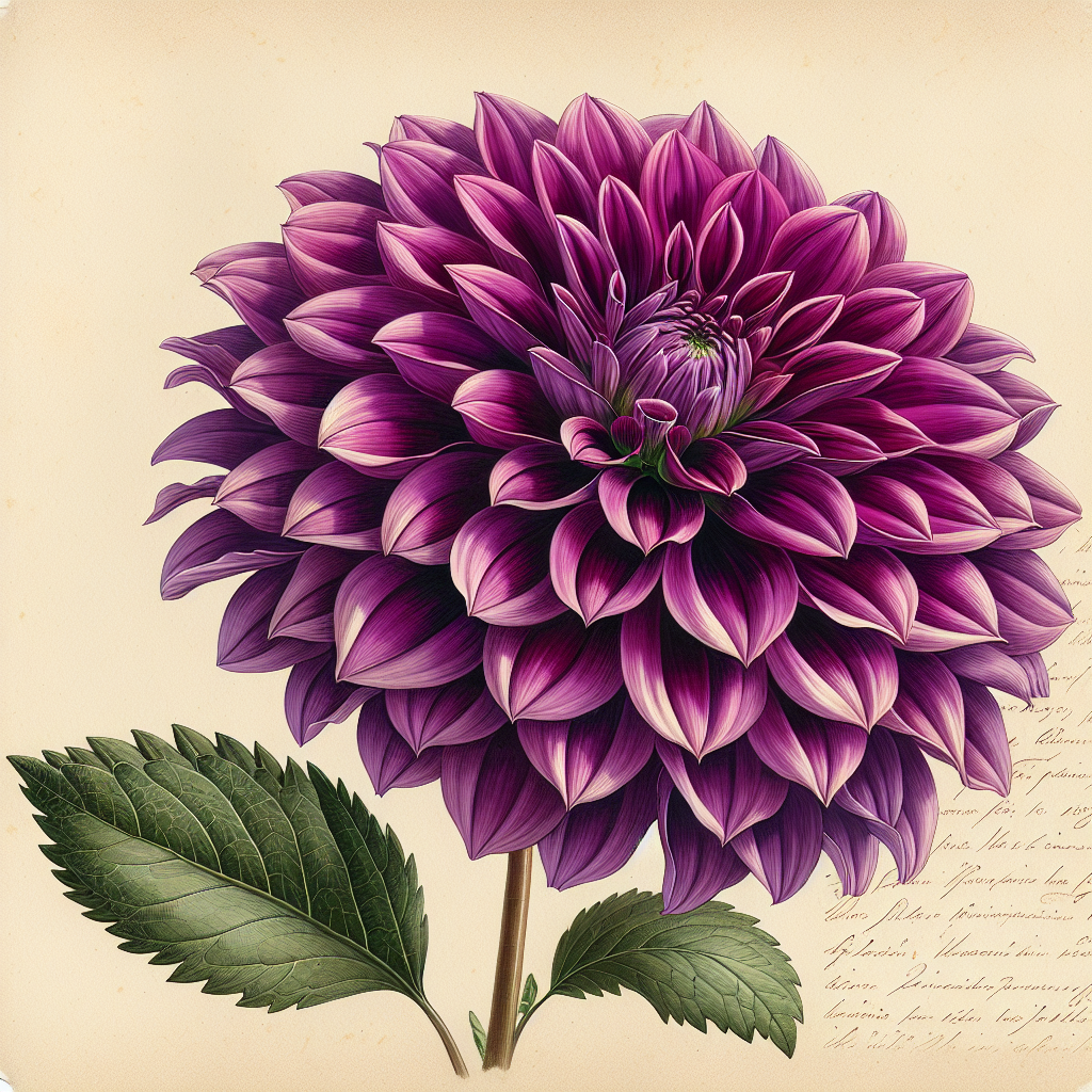 Botanical plate illustration of Kelsey Bramble dahlia, Purple Informal Decorative