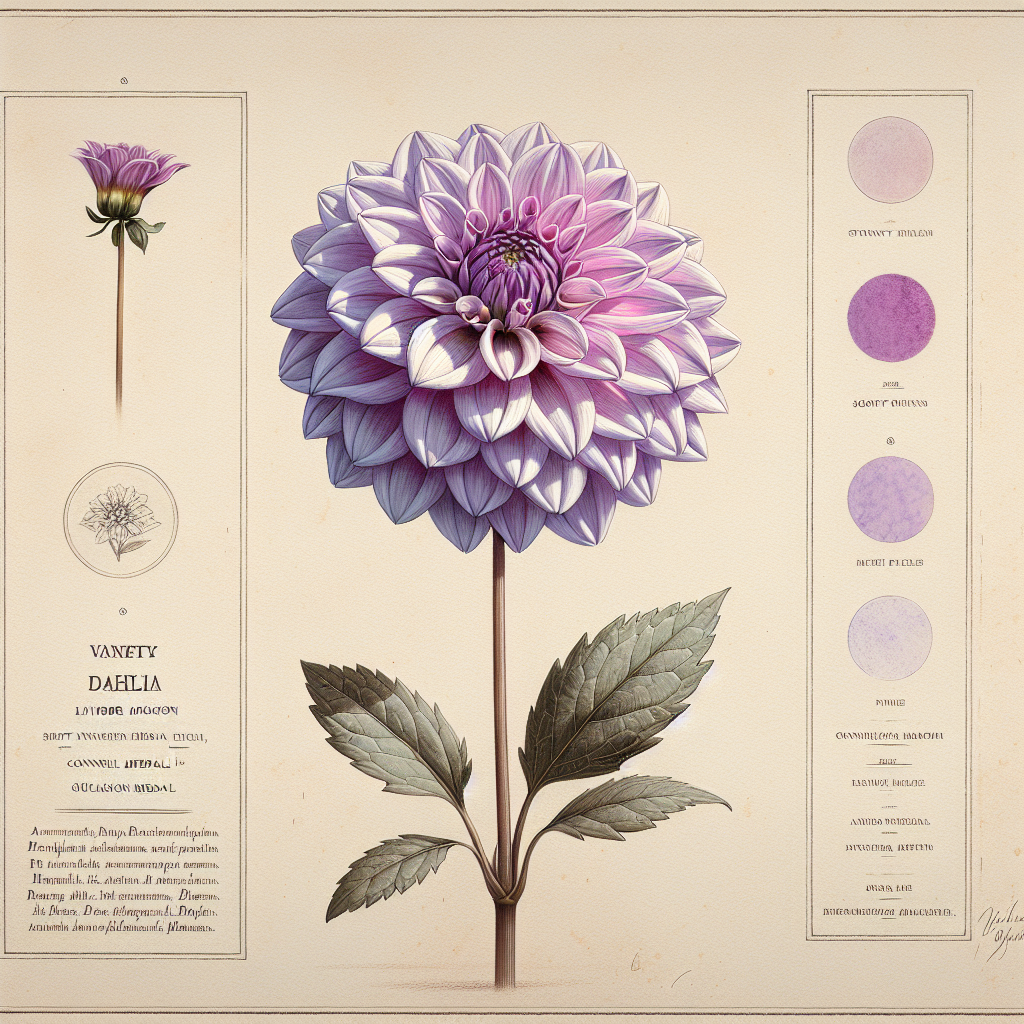 Botanical plate illustration of Kelsey Dwarf dahlia, Lavender Mignon Single