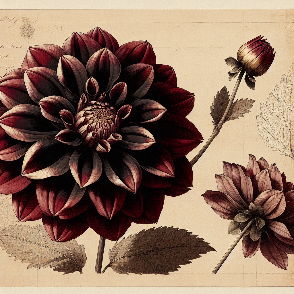 Botanical plate illustration of Kelsey Kristie dahlia, Dark Red Single