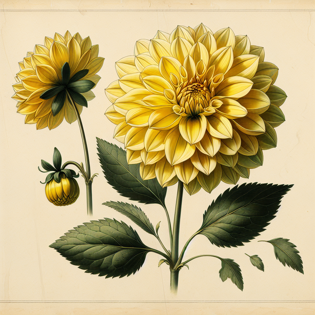 Botanical plate illustration of Kelsey Sunshine dahlia, Yellow Formal Decorative