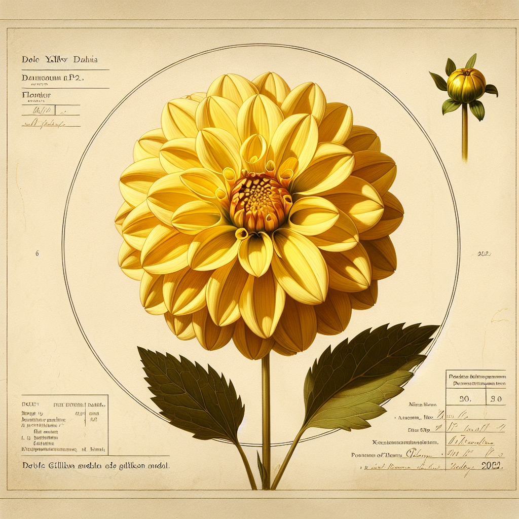 Botanical plate illustration of Kelsey Tinker dahlia, Yellow Collarette