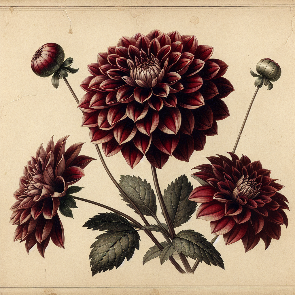 Botanical plate illustration of Kelsey Valentine dahlia, Dark Red Formal Decorative