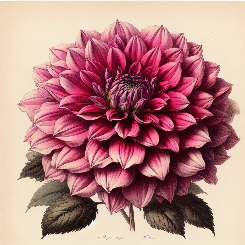 Botanical plate illustration of Kelvin dahlia, Dark Pink Informal Decorative