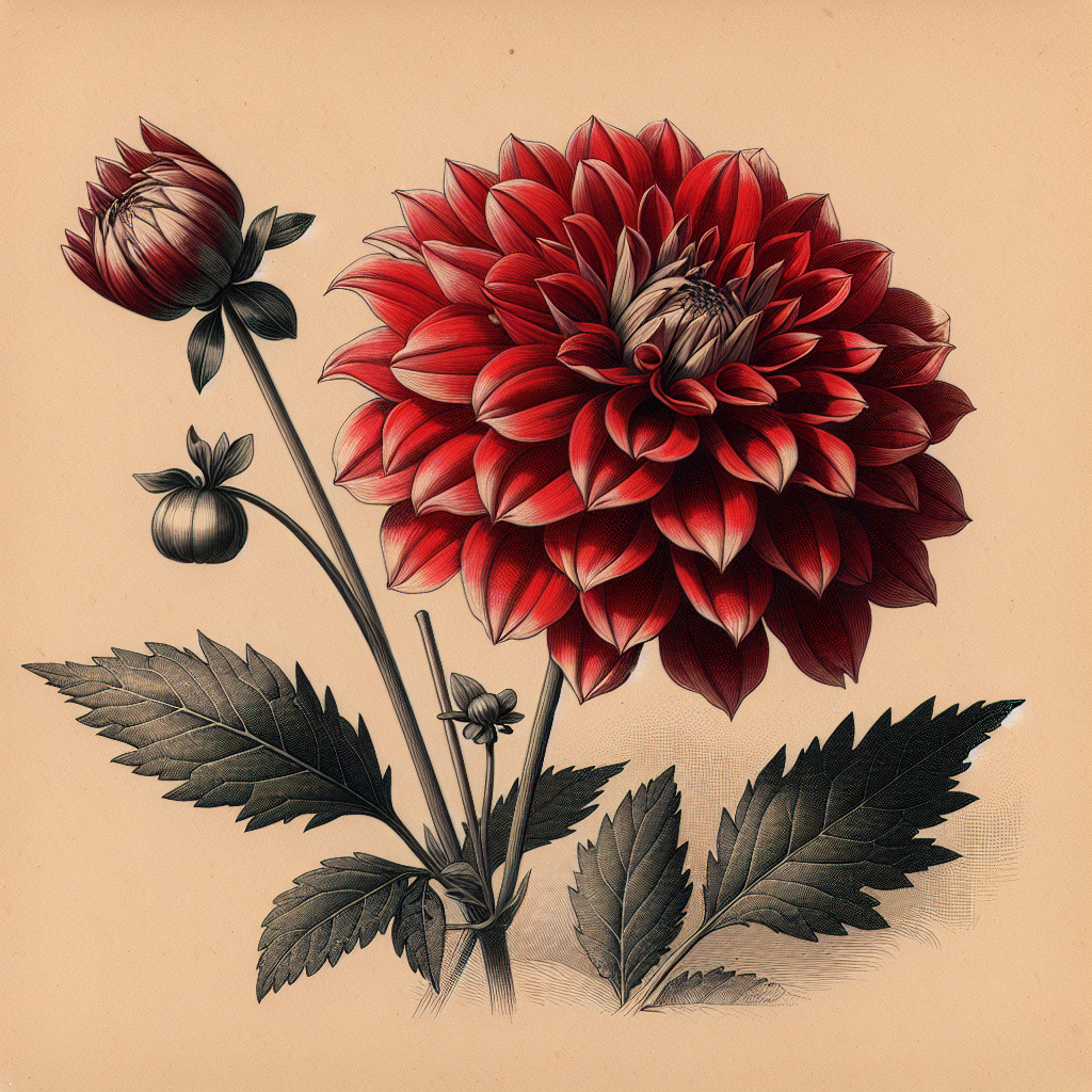 Botanical plate illustration of Kenora Challenger dahlia, White Semi-Cactus