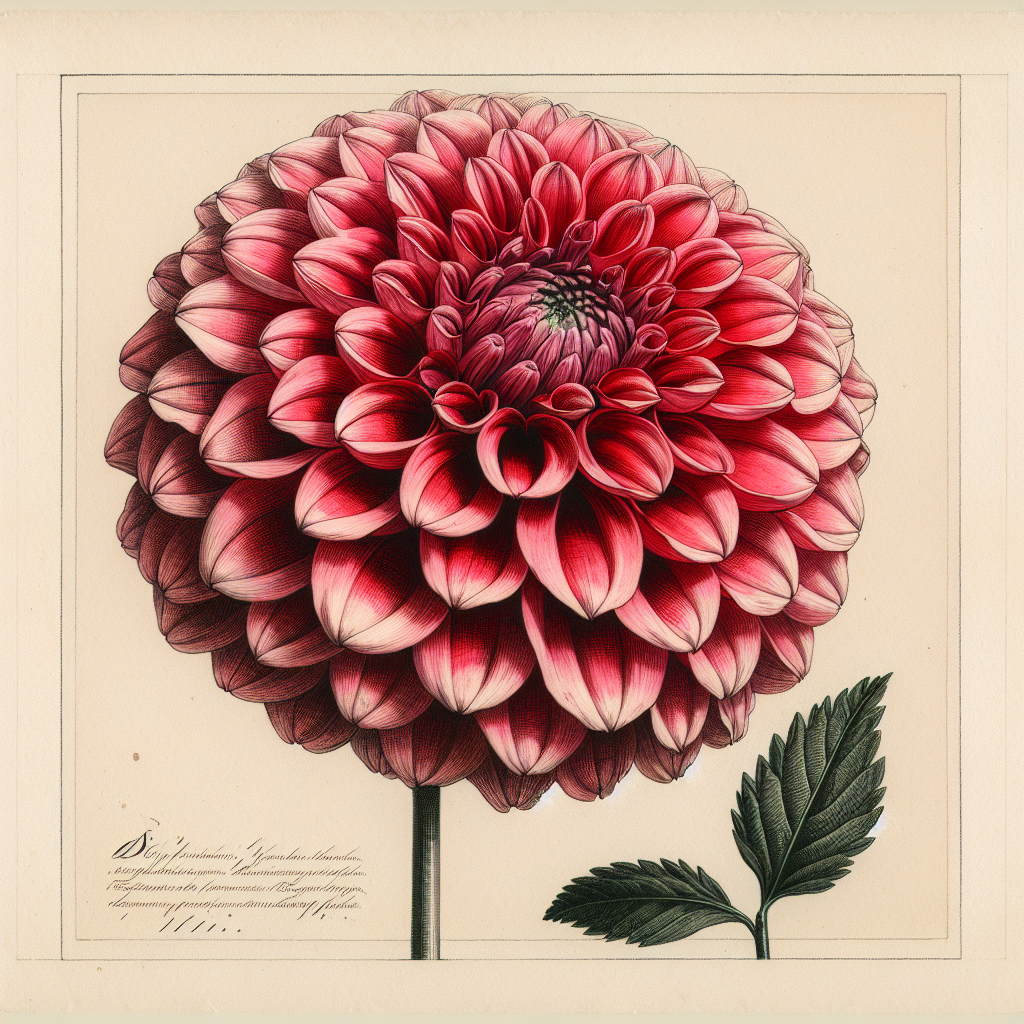 Botanical plate illustration of Kenora Fireball dahlia, Red Formal Decorative