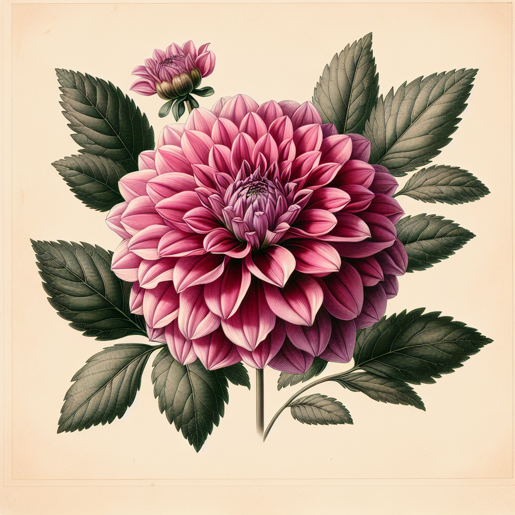 Botanical plate illustration of Kenora Lisa dahlia, Dark Pink Formal Decorative
