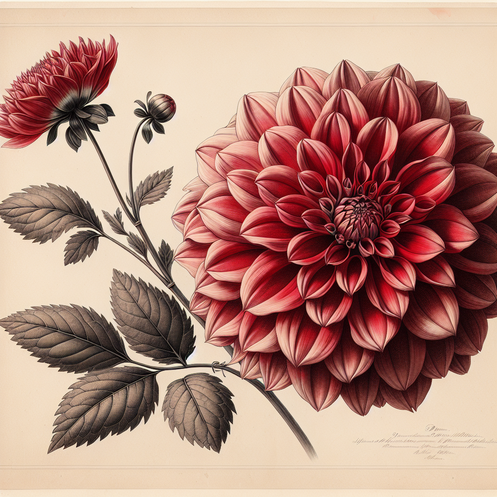 Botanical plate illustration of Kenora Valentine dahlia, Red Formal Decorative