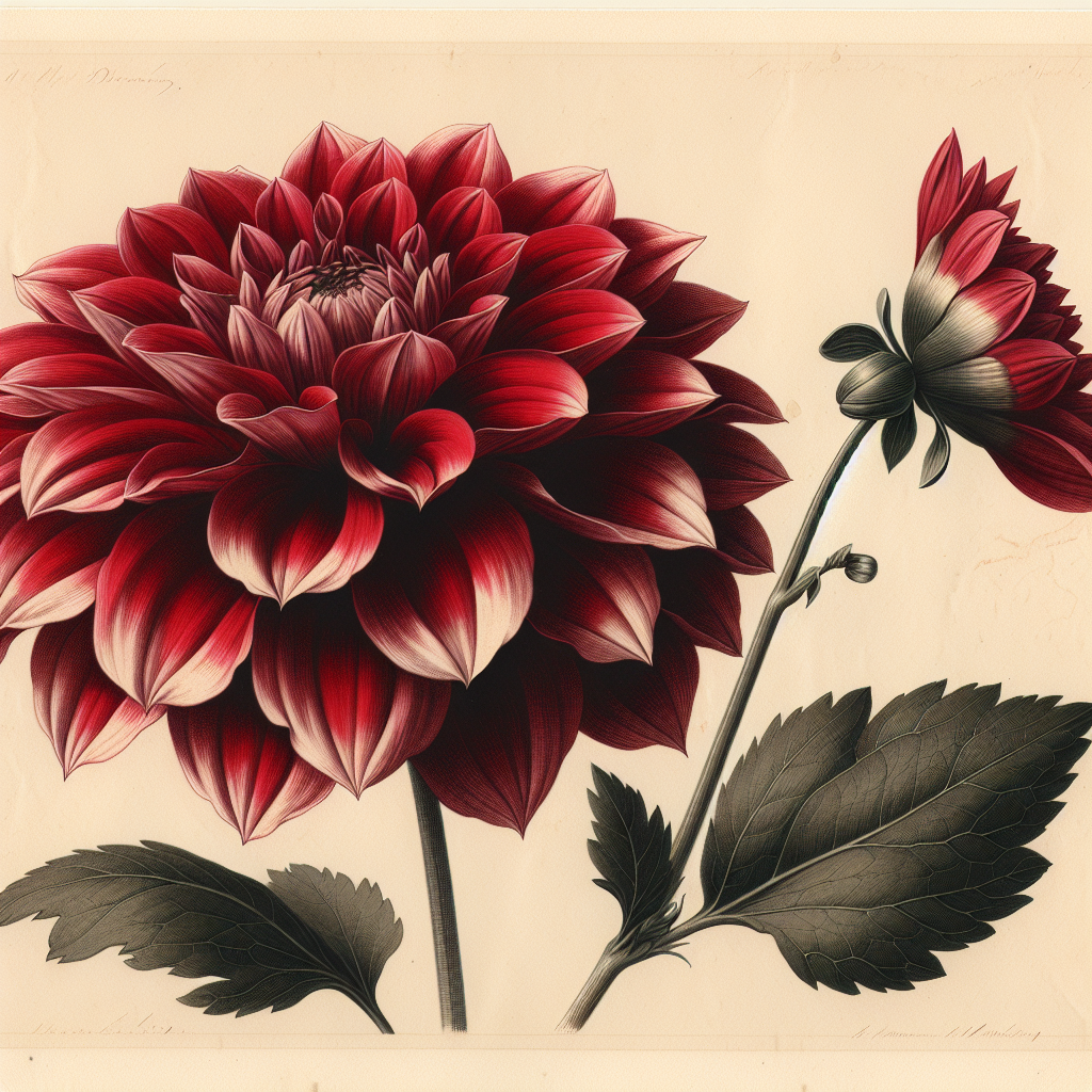 Botanical plate illustration of Kenora Wildfire dahlia, Red Semi-Cactus