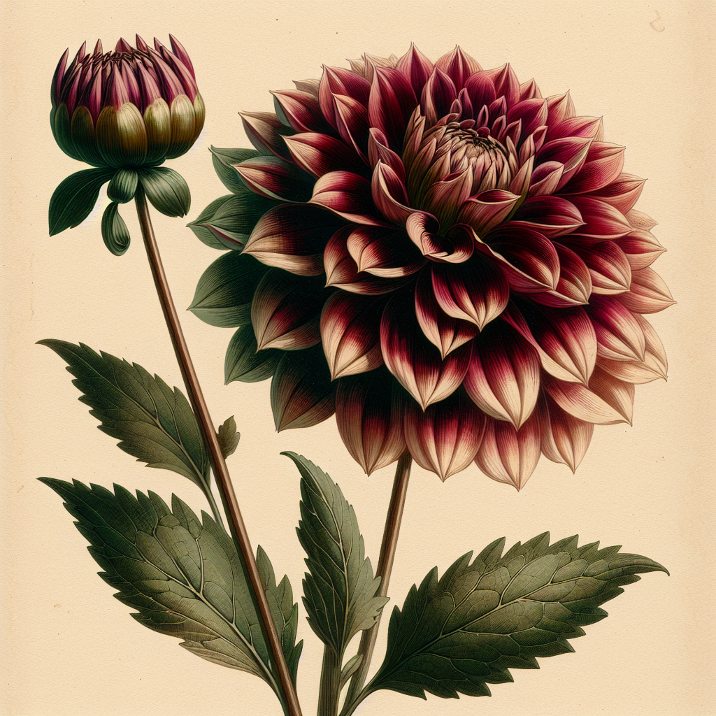 Botanical plate illustration of Kenora Wow dahlia, Dark Blend Semi-Cactus