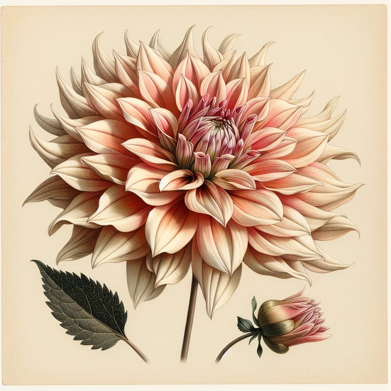 Botanical plate illustration of Kenora dahlia, Light Blend Straight Cactus