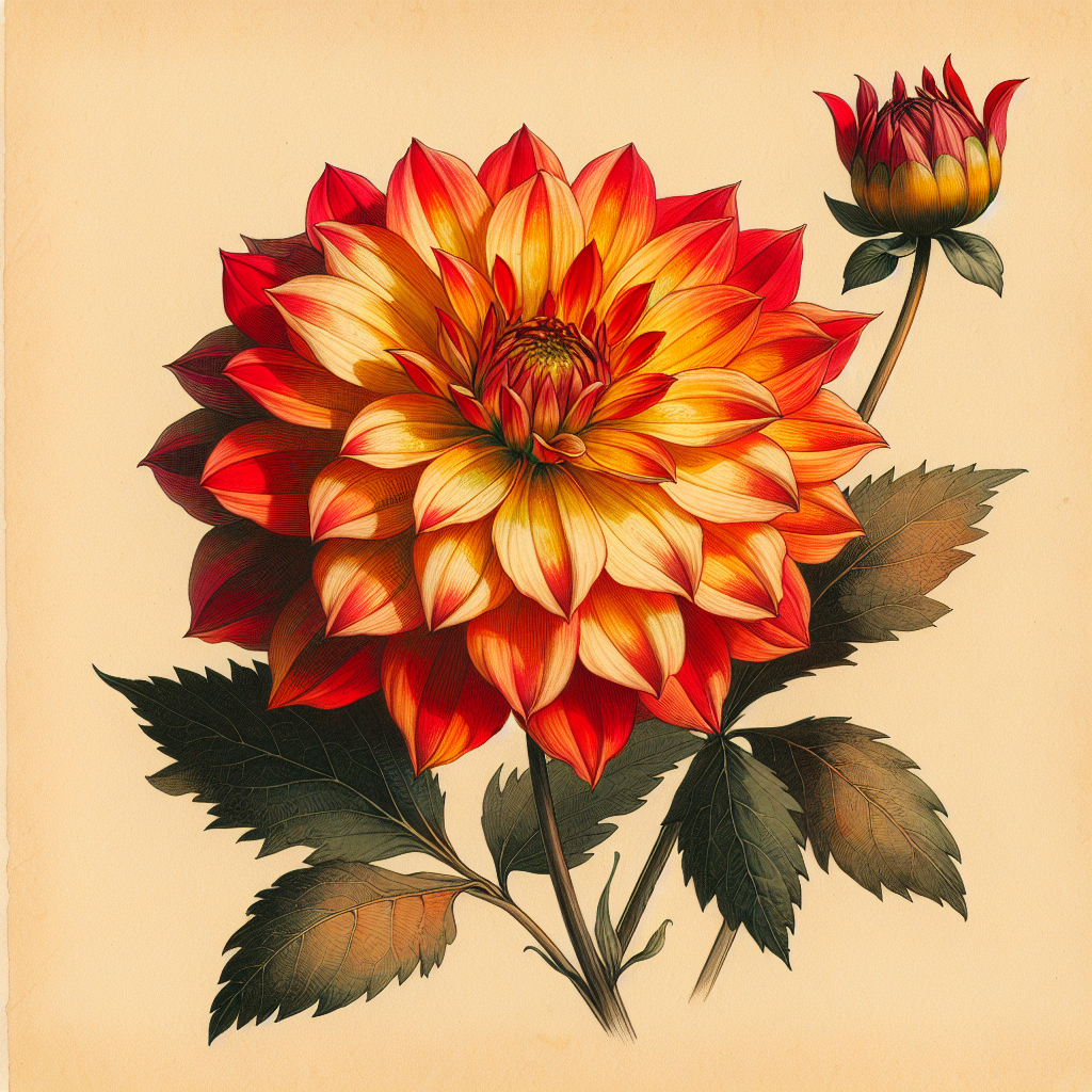 Botanical plate illustration of Ketchup & Mustard dahlia, Flame Blend Formal Decorative