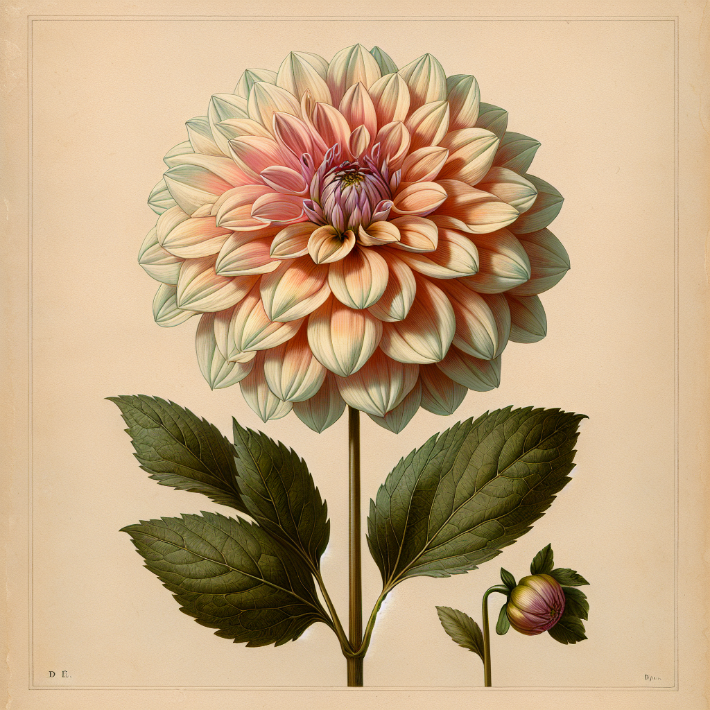 Botanical plate illustration of Kidd's Climax dahlia, Light Blend Formal Decorative