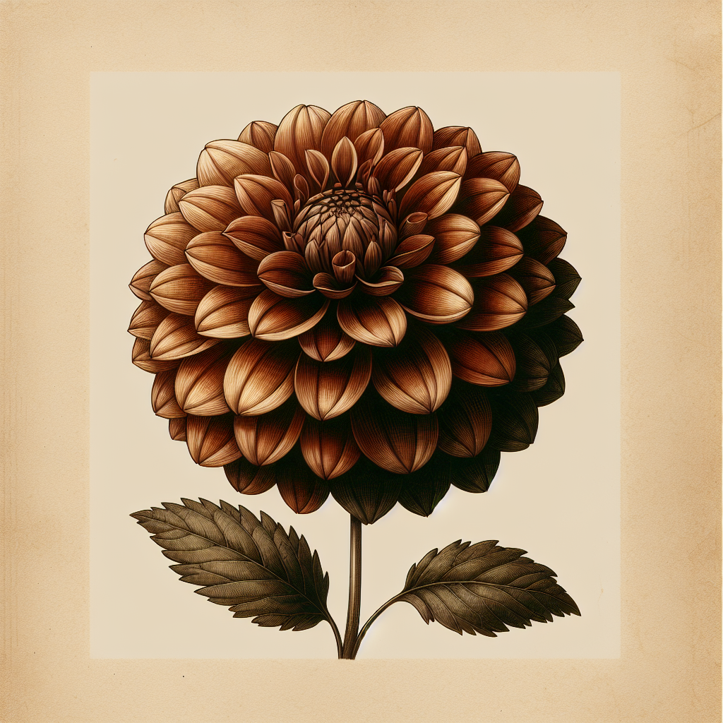 Botanical plate illustration of Kz Joan's Coffee dahlia, Bronze Formal Decorative