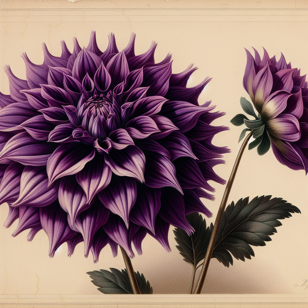 Botanical plate illustration of Labella dahlia, Purple Semi-Cactus