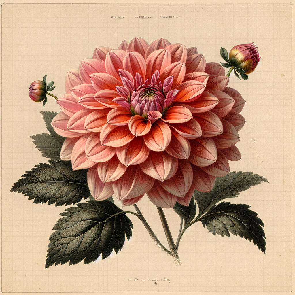 Botanical plate illustration of Labyrinth dahlia, Light Blend Informal Decorative