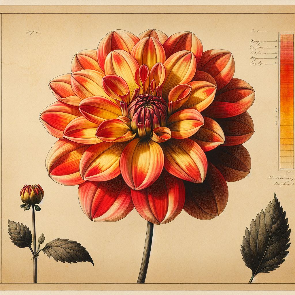 Botanical plate illustration of Lady Darlene dahlia, Flame Blend Formal Decorative