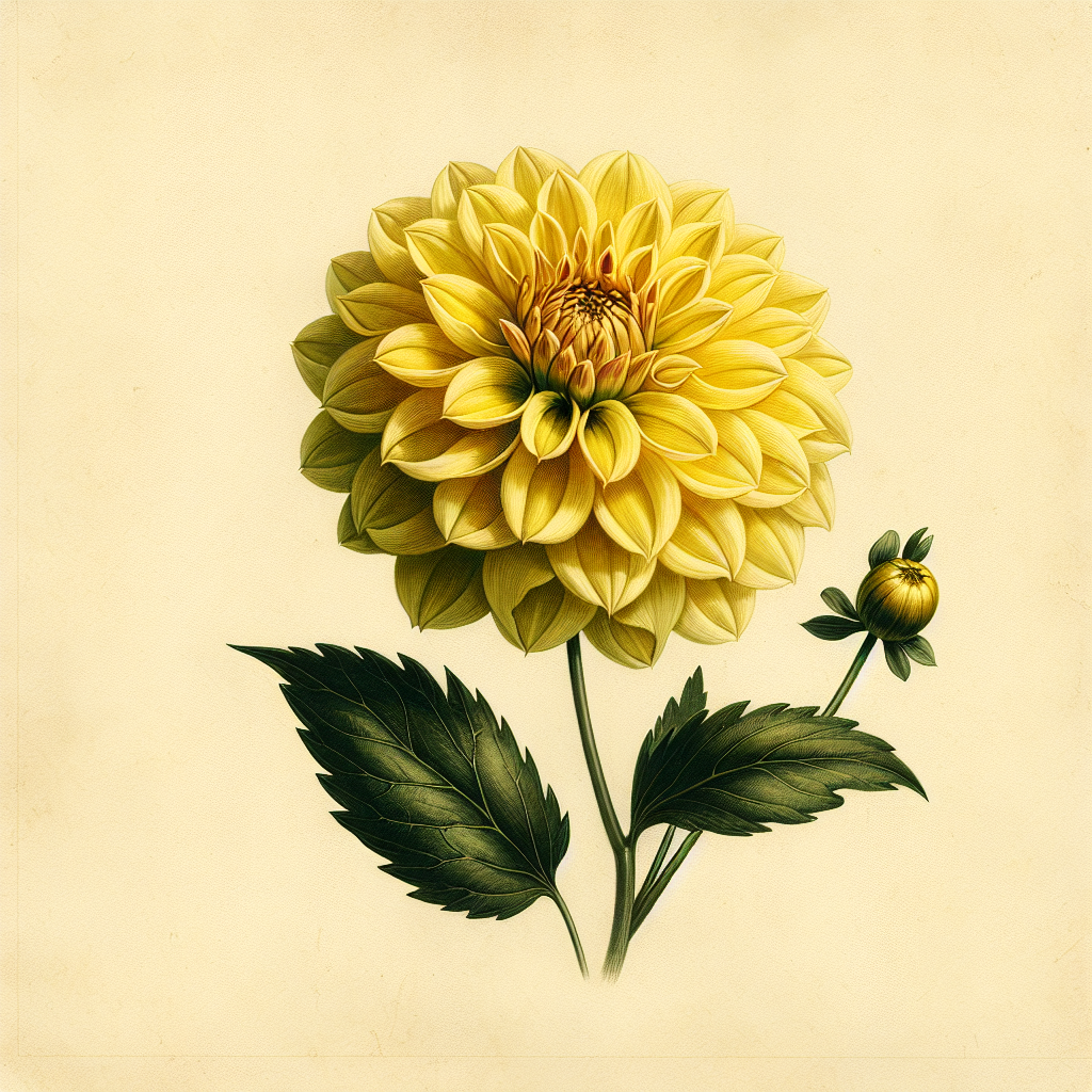 Botanical plate illustration of Lakeview Glow dahlia, Yellow Incurved Cactus