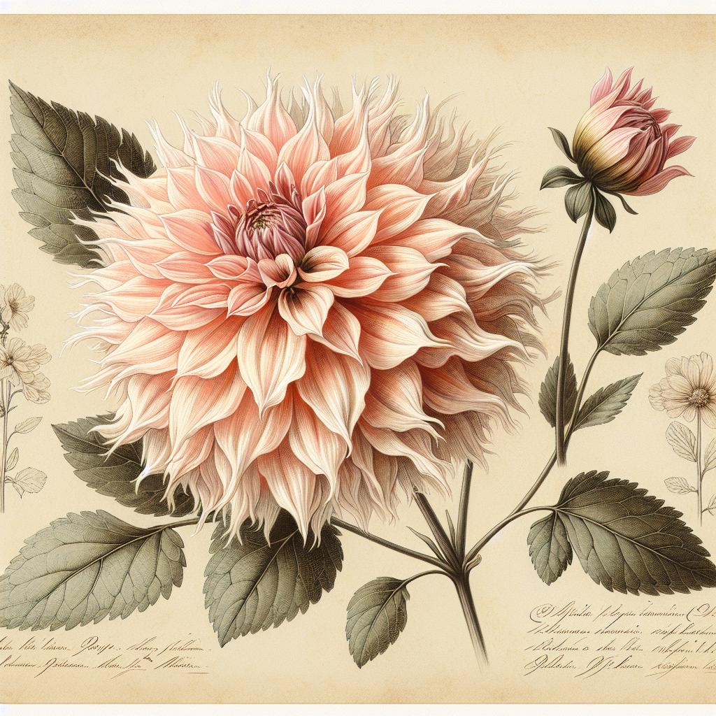 Botanical plate illustration of Lakeview Peach Fuzz dahlia, Light Blend Laciniated