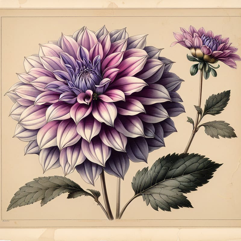 Botanical plate illustration of Lavender Lady dahlia, Lavender Formal Decorative