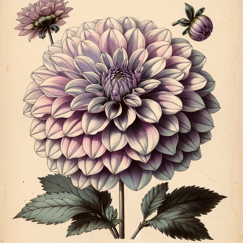 Botanical plate illustration of Lavender Perfection dahlia, Lavender Formal Decorative
