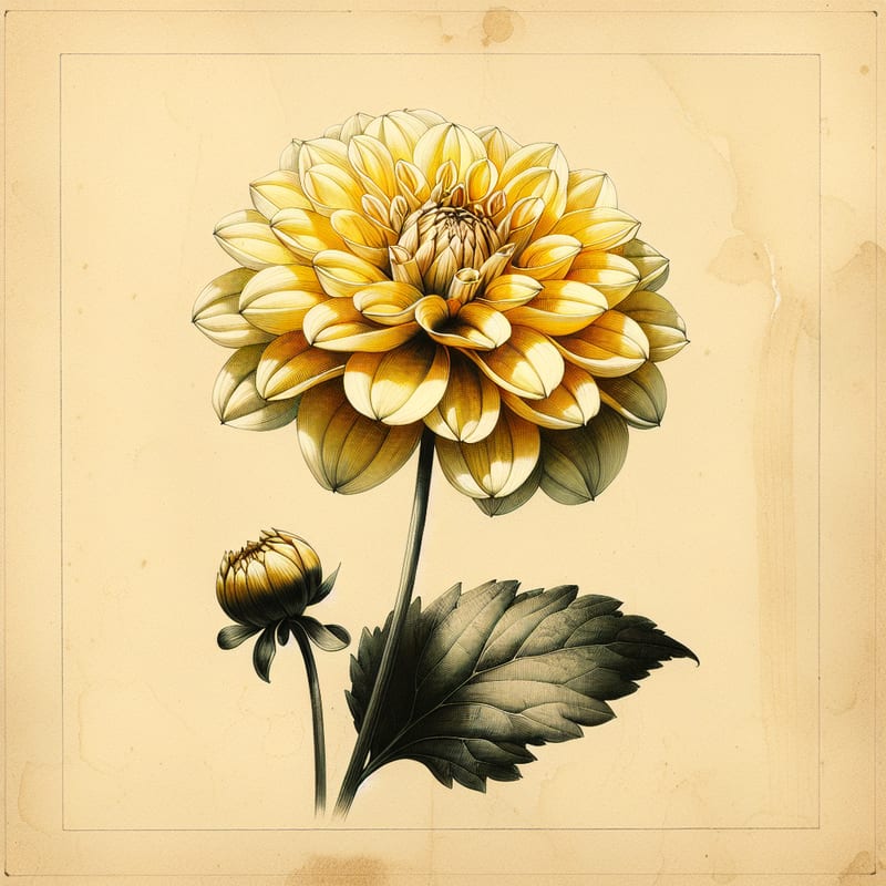 Botanical plate illustration of Le Baron dahlia, Yellow Mini Ball