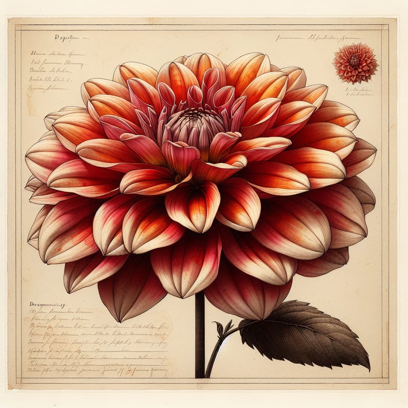 Botanical plate illustration of Le Castel dahlia, Flame Blend Formal Decorative