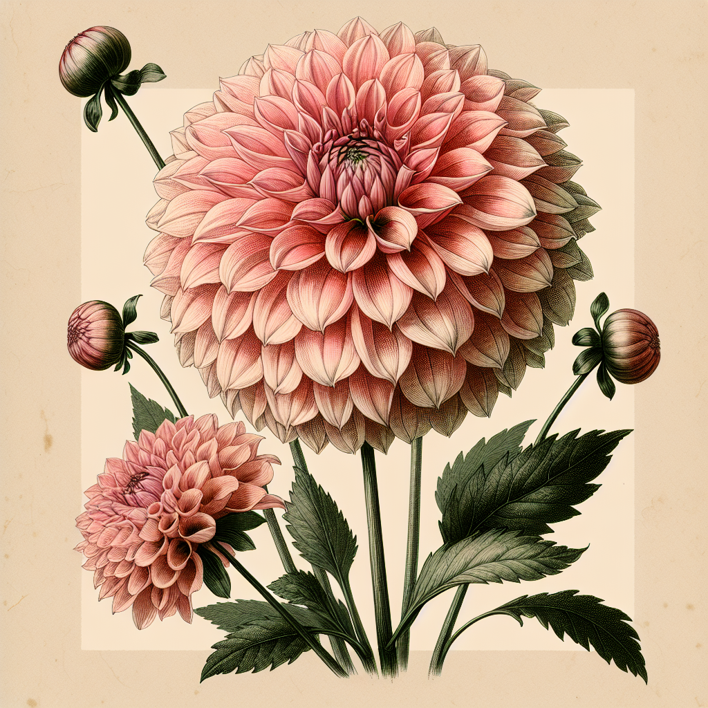 Botanical plate illustration of Linda's Baby dahlia, Pink Formal Decorative