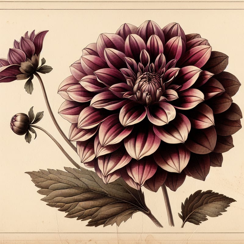 Botanical plate illustration of Lucky Number dahlia, Dark Blend Formal Decorative