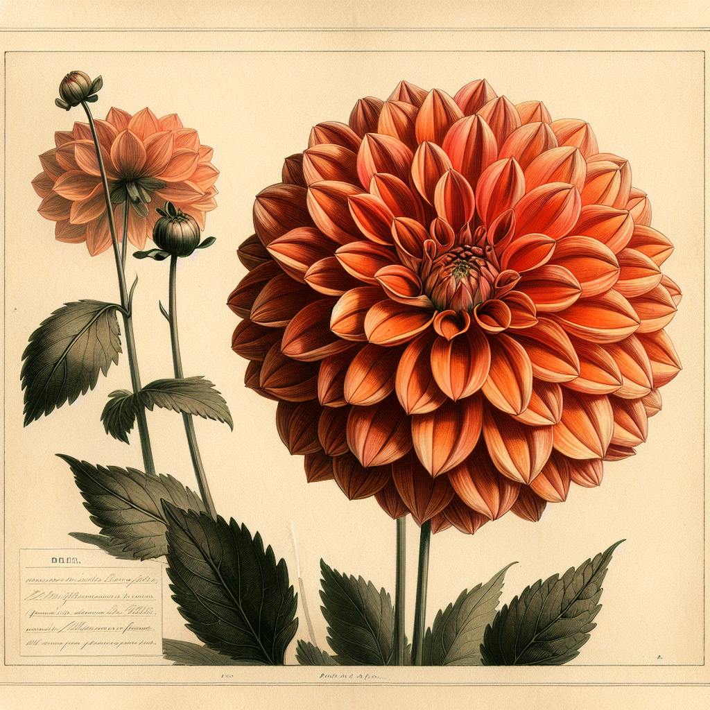 Botanical plate illustration of Maarn dahlia, Orange Formal Decorative