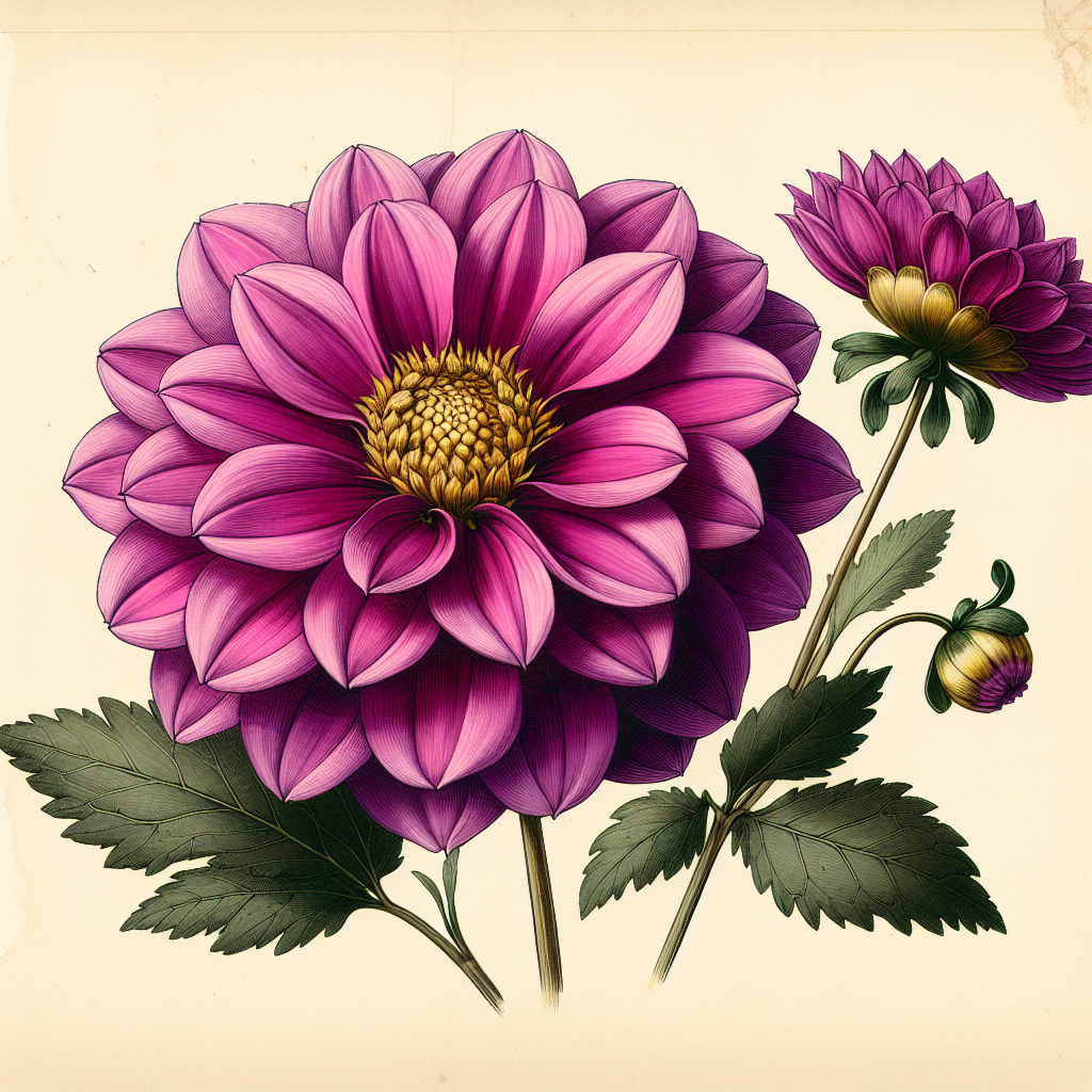 Botanical plate illustration of Magenta Star dahlia, Purple Single