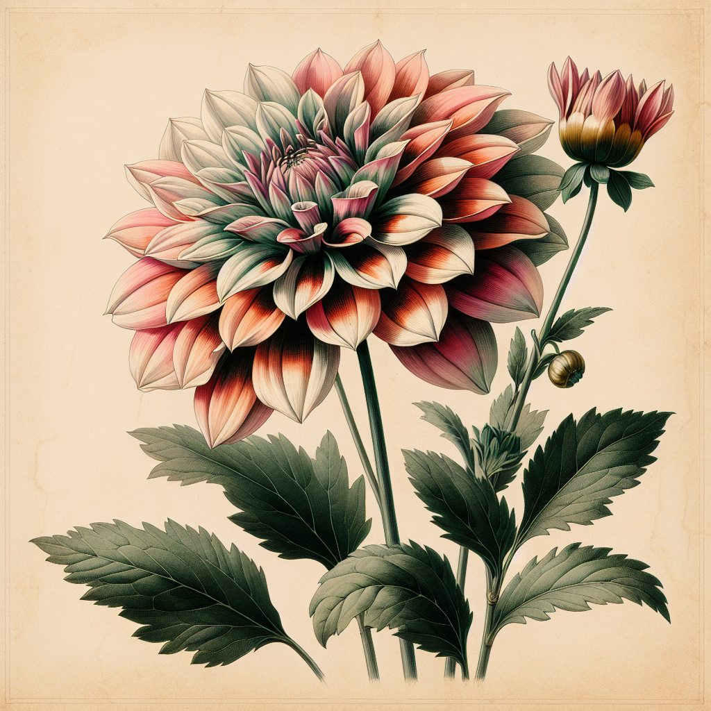 Botanical plate illustration of Match dahlia, Flame Blend Formal Decorative