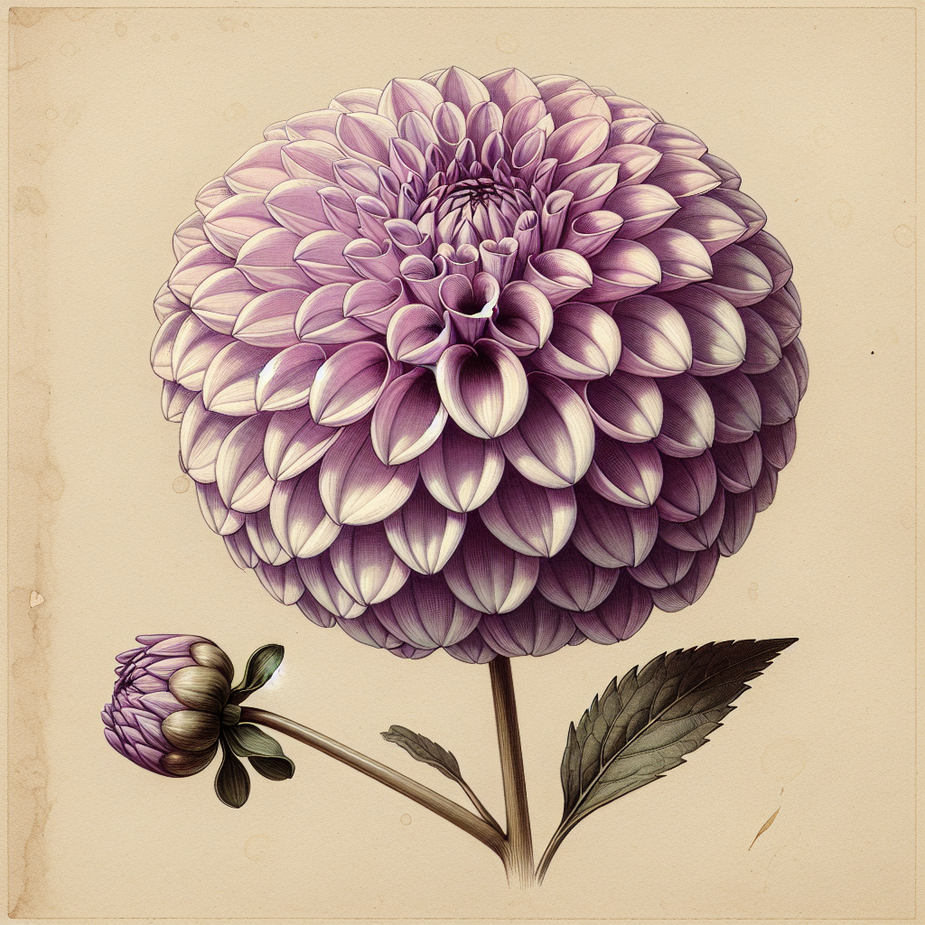 Botanical plate illustration of Megan Dean dahlia, Lavender Ball
