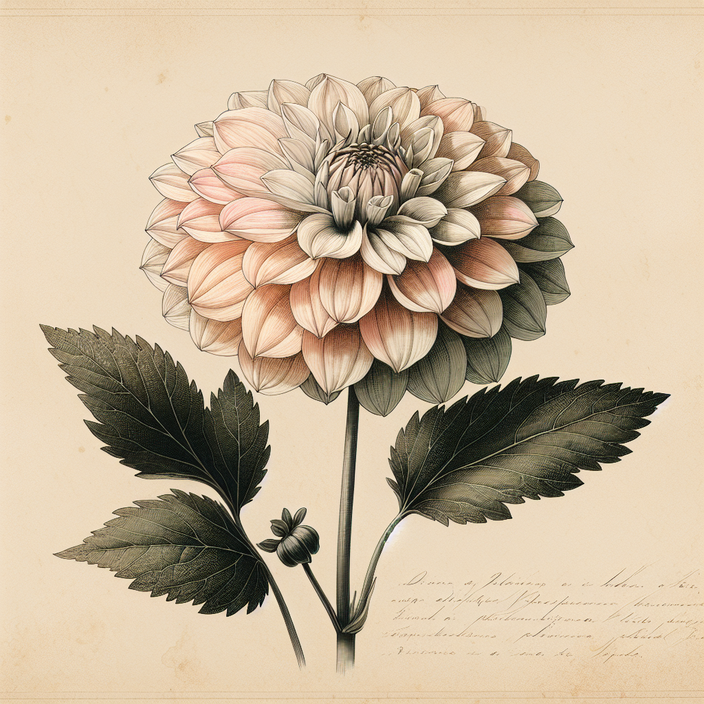 Botanical plate illustration of Mingus Gregory dahlia, Light Blend Incurved Cactus