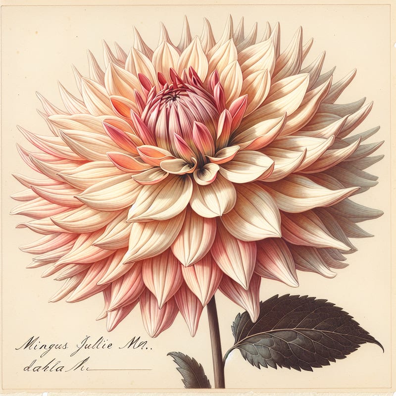 Botanical plate illustration of Mingus Julie M dahlia, Light Blend Straight Cactus