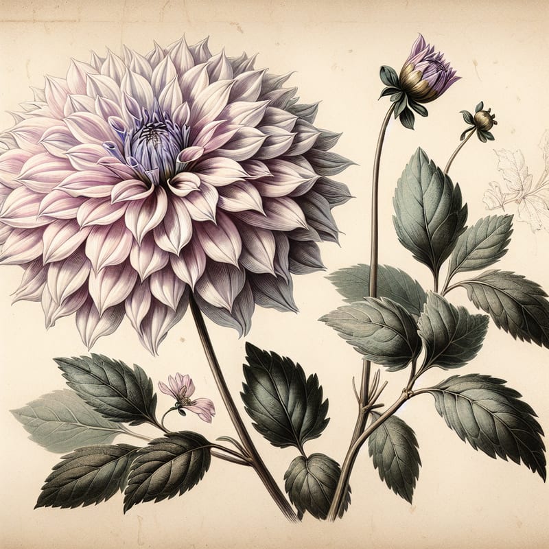 Botanical plate illustration of Mingus Leroy T dahlia, Lavender Laciniated